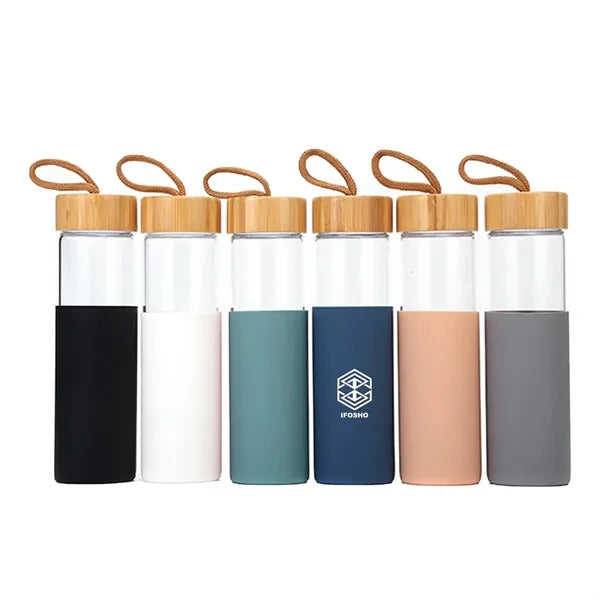 16 Oz Glass Water Bottle w/ Bamboo Lid & Silicone Sleeve