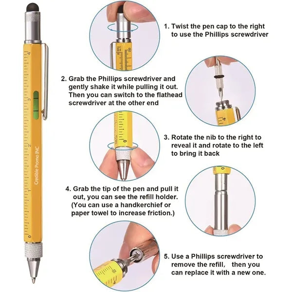 6 in 1 Metal Multitool Touch Screen Pen With Ruler Level