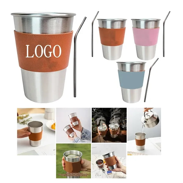 Outdoor Camping 304 Stainless Steel Water Cup with Leather C