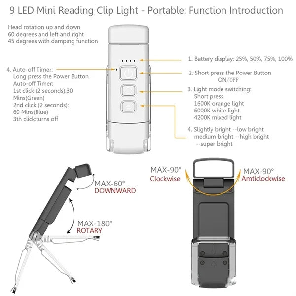 3 Color Modes Clip on Lamp 5 Dimmable Brightest Book Light