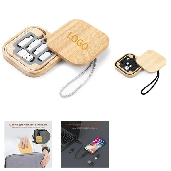 Multi USB Adapter Kit Fast Charging Cable Bamboo Storage Box