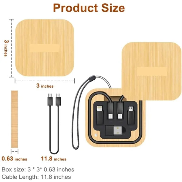 Multi USB Adapter Kit Fast Charging Cable Bamboo Storage Box