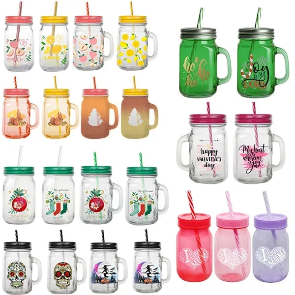 16oz Glass Cup Mason Jar with Handle Mug Straw and Lip Party