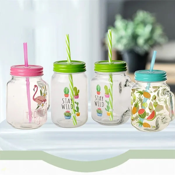 16oz Glass Cup Mason Jar with Handle Mug Straw and Lip Party