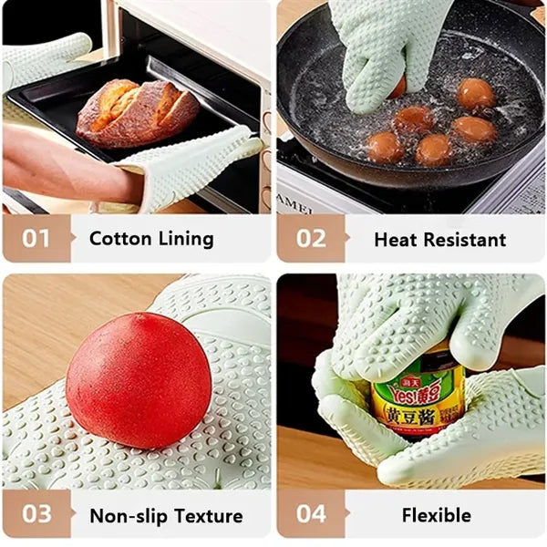Heat Resistant Silicone Oven Mitts w/Fireproof Cotton Liner