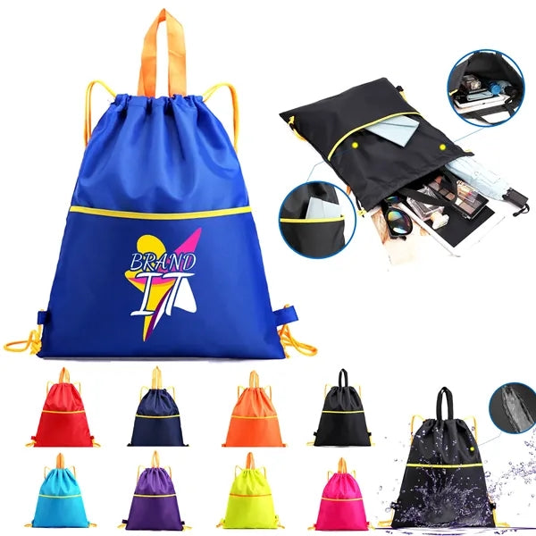 Waterproof Drawstring Gym Backpack With Zipper Front Pocket
