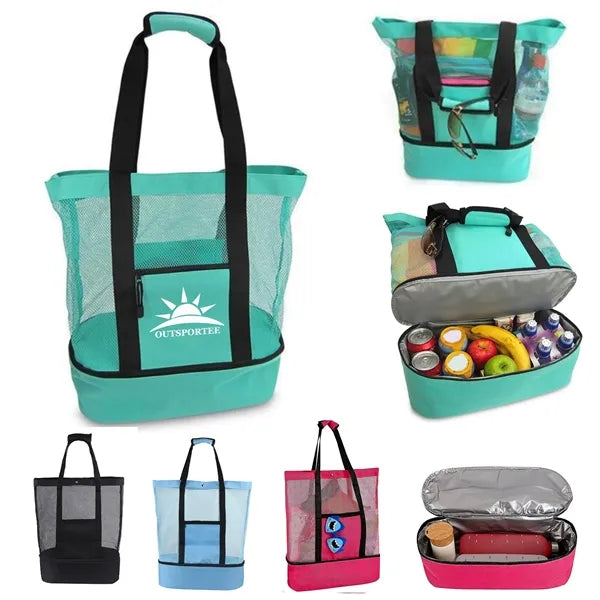 Large Mesh Beach Tote Bag with Detachable Insulated Cooler
