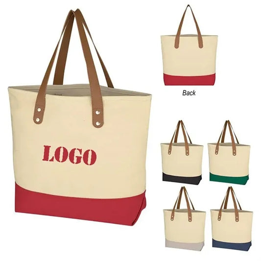 12 OZ Canvas Tote Bag With PU Leather Handle
