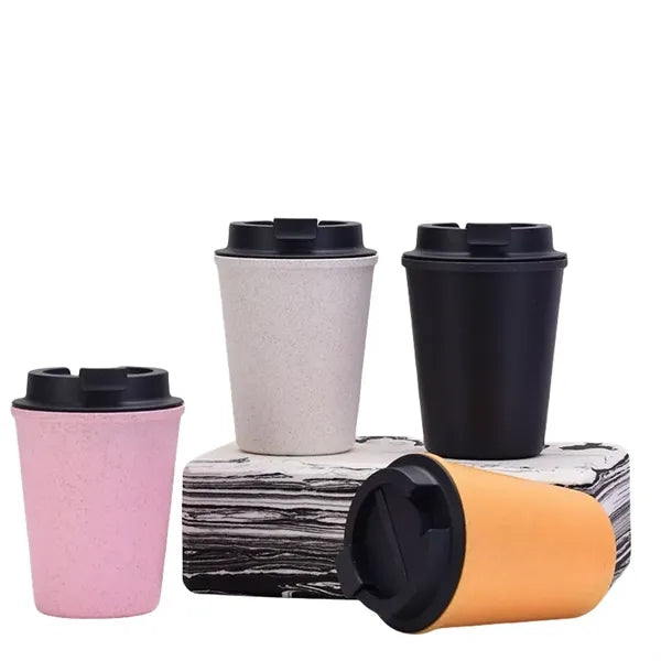 12 oz Mini Double Wall Wheat Straw Coffee Car Cup With Lid