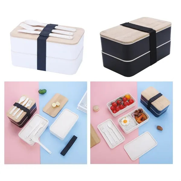 Wheat Straw Bento Lunch Box w/Cutlery Set & Bomboo Lid