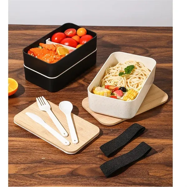 Wheat Straw Bento Lunch Box w/Cutlery Set & Bomboo Lid