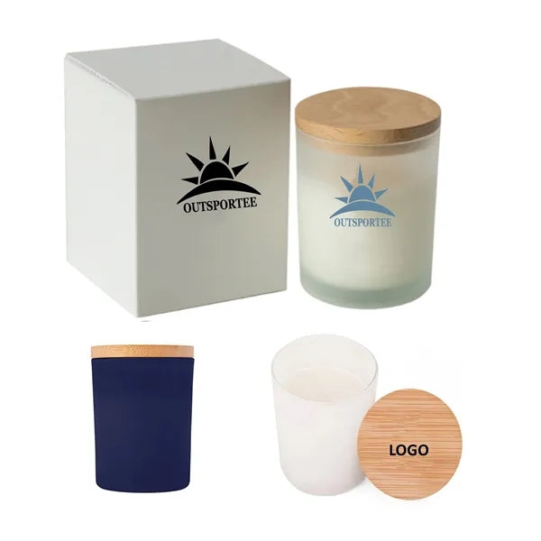 Wax Candle in Colored Frosted Glass Jar with Bamboo Lid