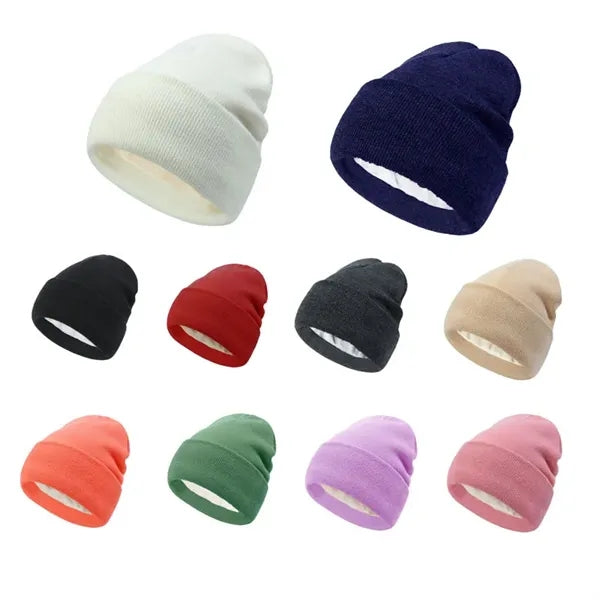 Double Layered Knit Hat Fleece Lined Cuffed Beanie Cap