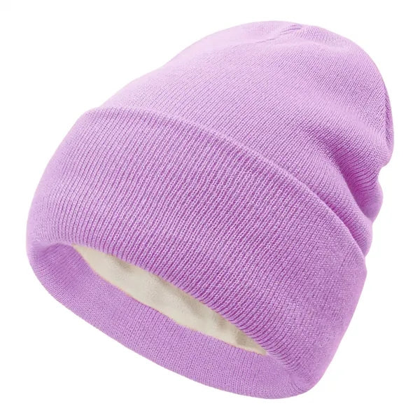 Double Layered Knit Hat Fleece Lined Cuffed Beanie Cap