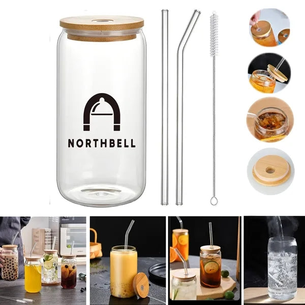 16 Oz Can Glass With Bamboo Lid and Straw/Straw Brush