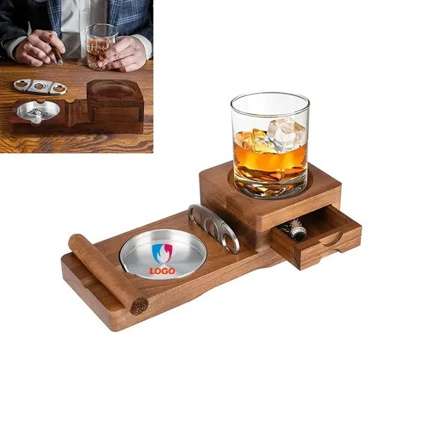 Wooden Ash Tray with Cigar Cutter Include Drawer