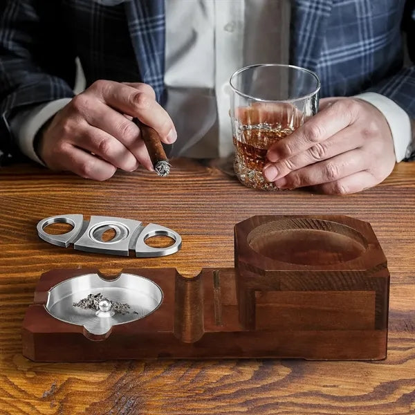 Wooden Ash Tray with Cigar Cutter Include Drawer