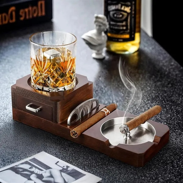 Wooden Ash Tray with Cigar Cutter Include Drawer