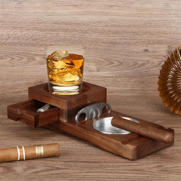 Wooden Ash Tray with Cigar Cutter Include Drawer