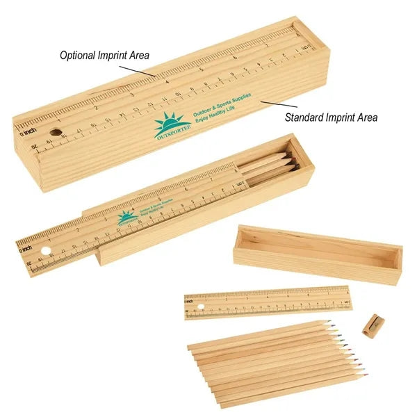 12-Piece Colored Pencil Set In Wooden Ruler Box