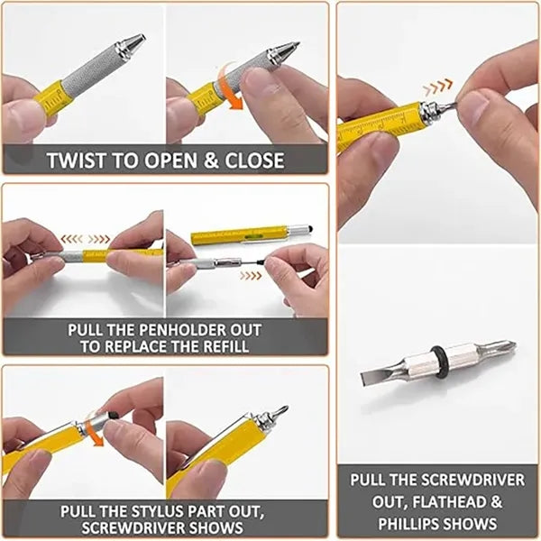 6-in-1 Custom Metal Multi Tech Tool Pen w/Ruler & Levelgauge