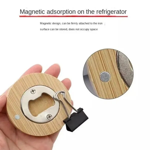 Round Bamboo Stainless Steel Magnetic Bottle Opener