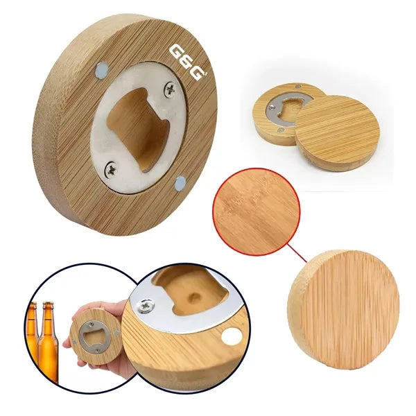 Round Bamboo Stainless Steel Magnetic Bottle Opener