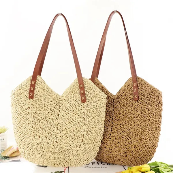 Hand Woven Straw Shoulder Tote Bag for Beach