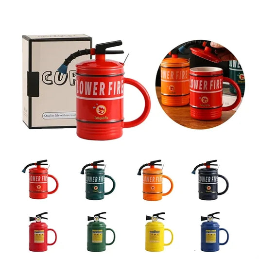 Fire Extinguisher Ceramic Mug with Lid and Spoon