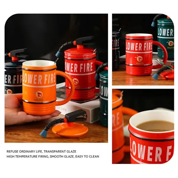 Fire Extinguisher Ceramic Mug with Lid and Spoon