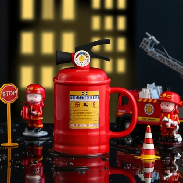 Fire Extinguisher Ceramic Mug with Lid and Spoon