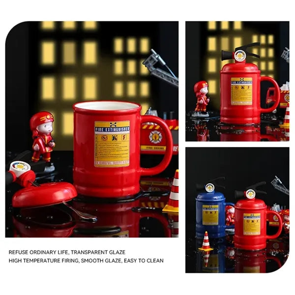 Fire Extinguisher Ceramic Mug with Lid and Spoon