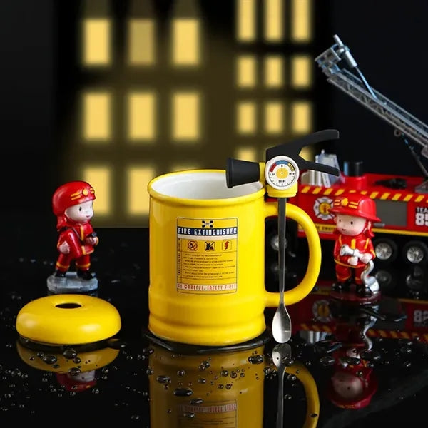 Fire Extinguisher Ceramic Mug with Lid and Spoon