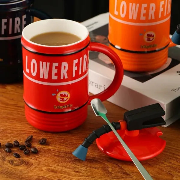 Fire Extinguisher Ceramic Mug with Lid and Spoon