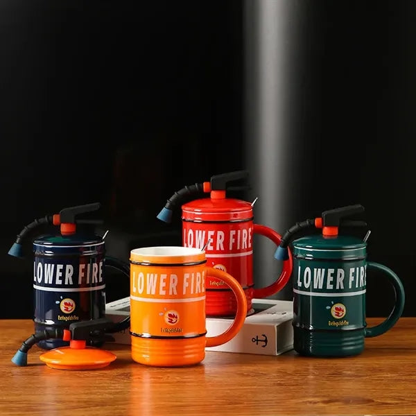 Fire Extinguisher Ceramic Mug with Lid and Spoon