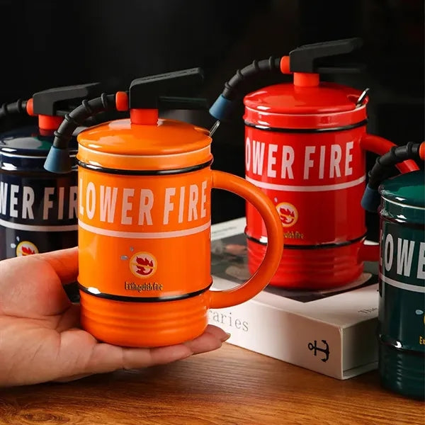 Fire Extinguisher Ceramic Mug with Lid and Spoon