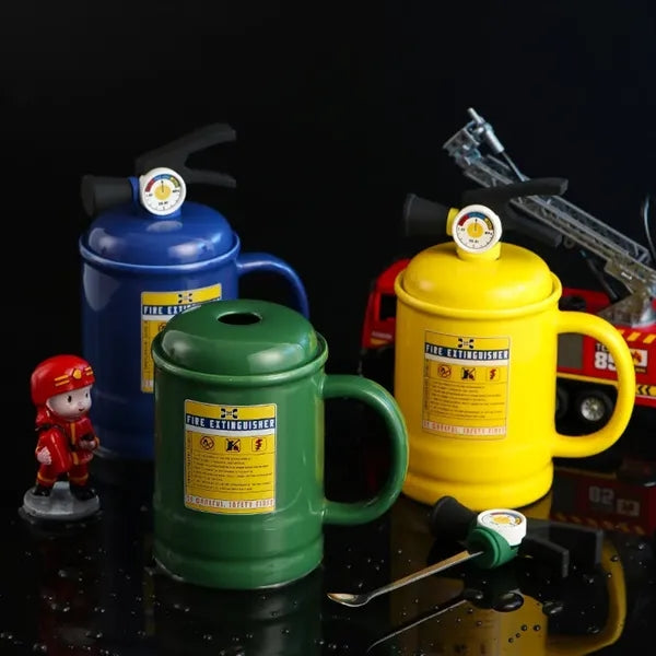 Fire Extinguisher Ceramic Mug with Lid and Spoon