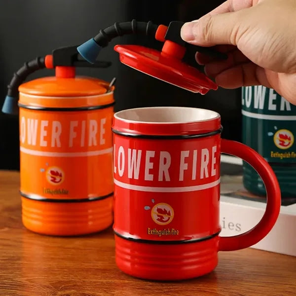 Fire Extinguisher Ceramic Mug with Lid and Spoon