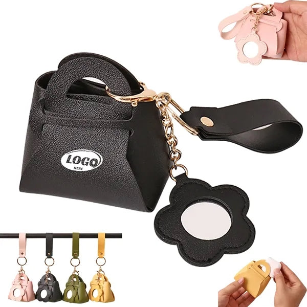 Leather Mini Mirror Storage Bag Keychain