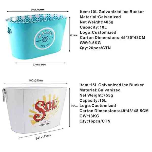 5L Custom Galvanized Metal Ice Bucket Beverage Tub