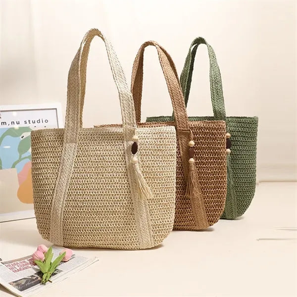 Jute Straw Woven Beach Tote Bag with Tassels