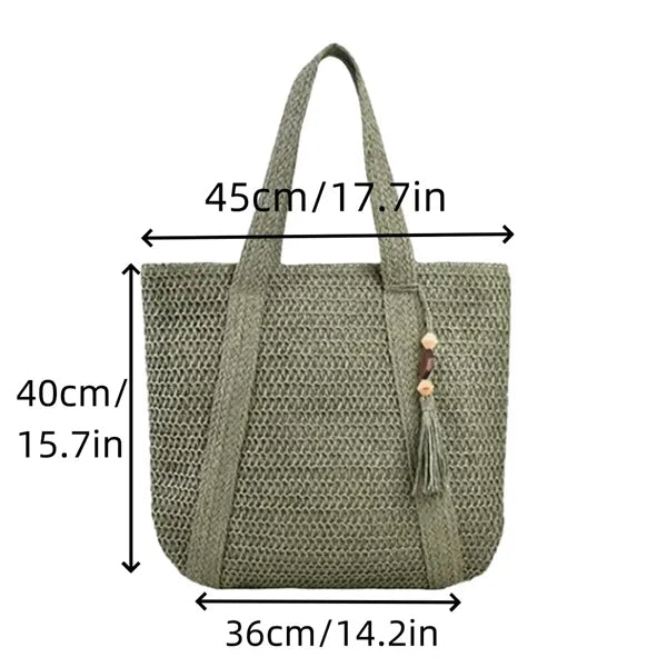 Jute Straw Woven Beach Tote Bag with Tassels