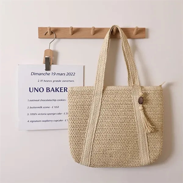 Jute Straw Woven Beach Tote Bag with Tassels
