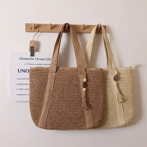 Jute Straw Woven Beach Tote Bag with Tassels