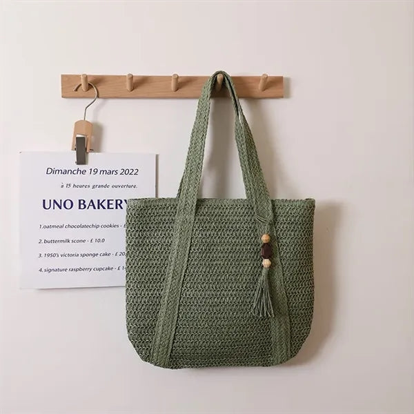 Jute Straw Woven Beach Tote Bag with Tassels
