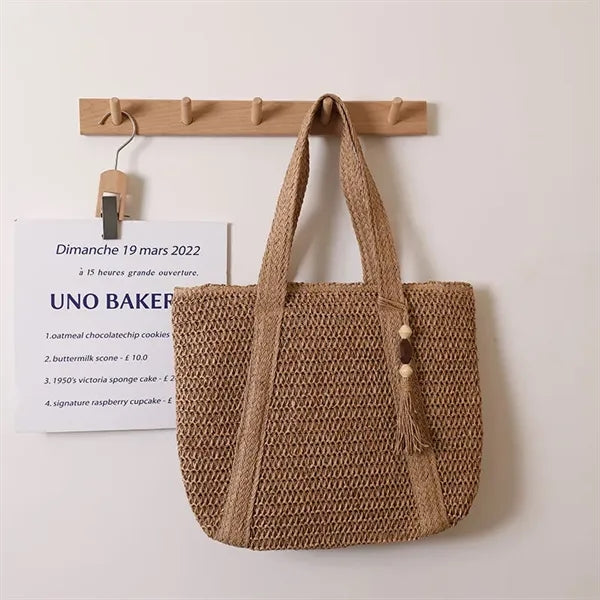 Jute Straw Woven Beach Tote Bag with Tassels