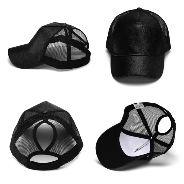 Ponytail Vintage Sports Glitter High Bun Hat