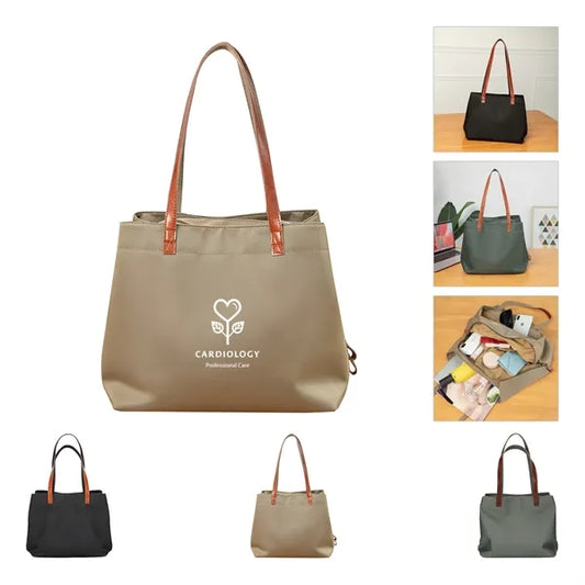Leather Nylon Shoulder Tote Bag