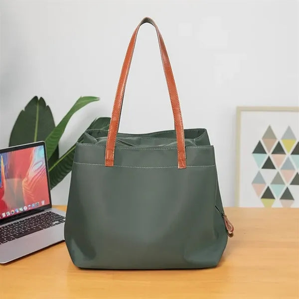 Leather Nylon Shoulder Tote Bag