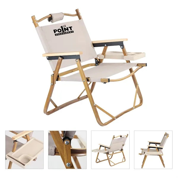 Beach Folding Chair with Wooden Handle & Strap